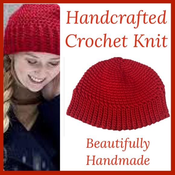 Handmade Beanie Textured Knit Chunky Cozy Crochet Sweater Winter Hat Red Womens
